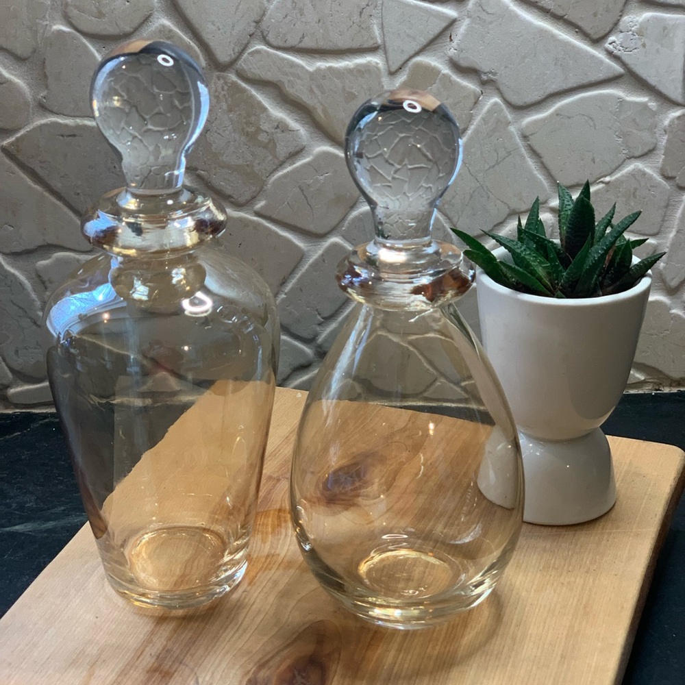 VINTAGE BLIWN GLASS | Set of 2 | Iridescent Yellow Hue Decanters/Flacons